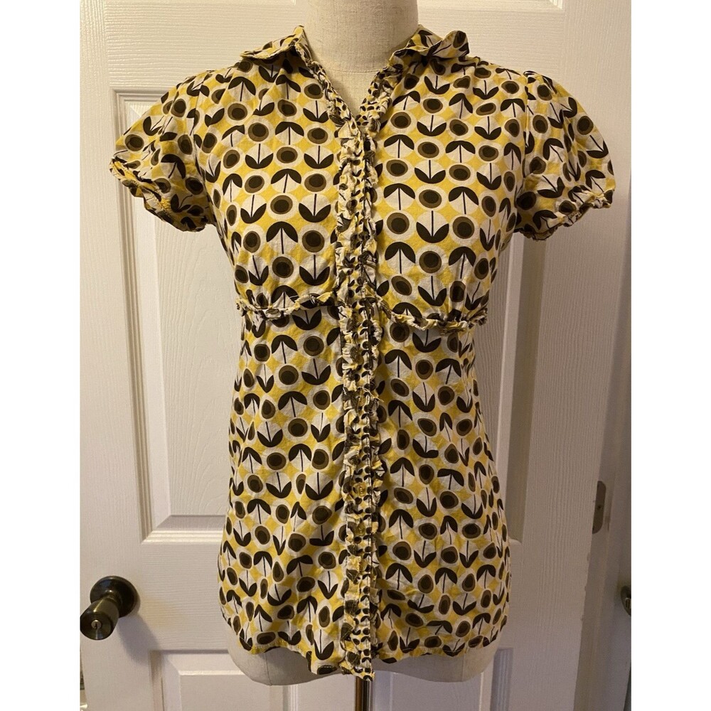 VTG Y2K Dolled Up by FANG Yellow Geometric Collared Babydoll Puff Sleeves Small
